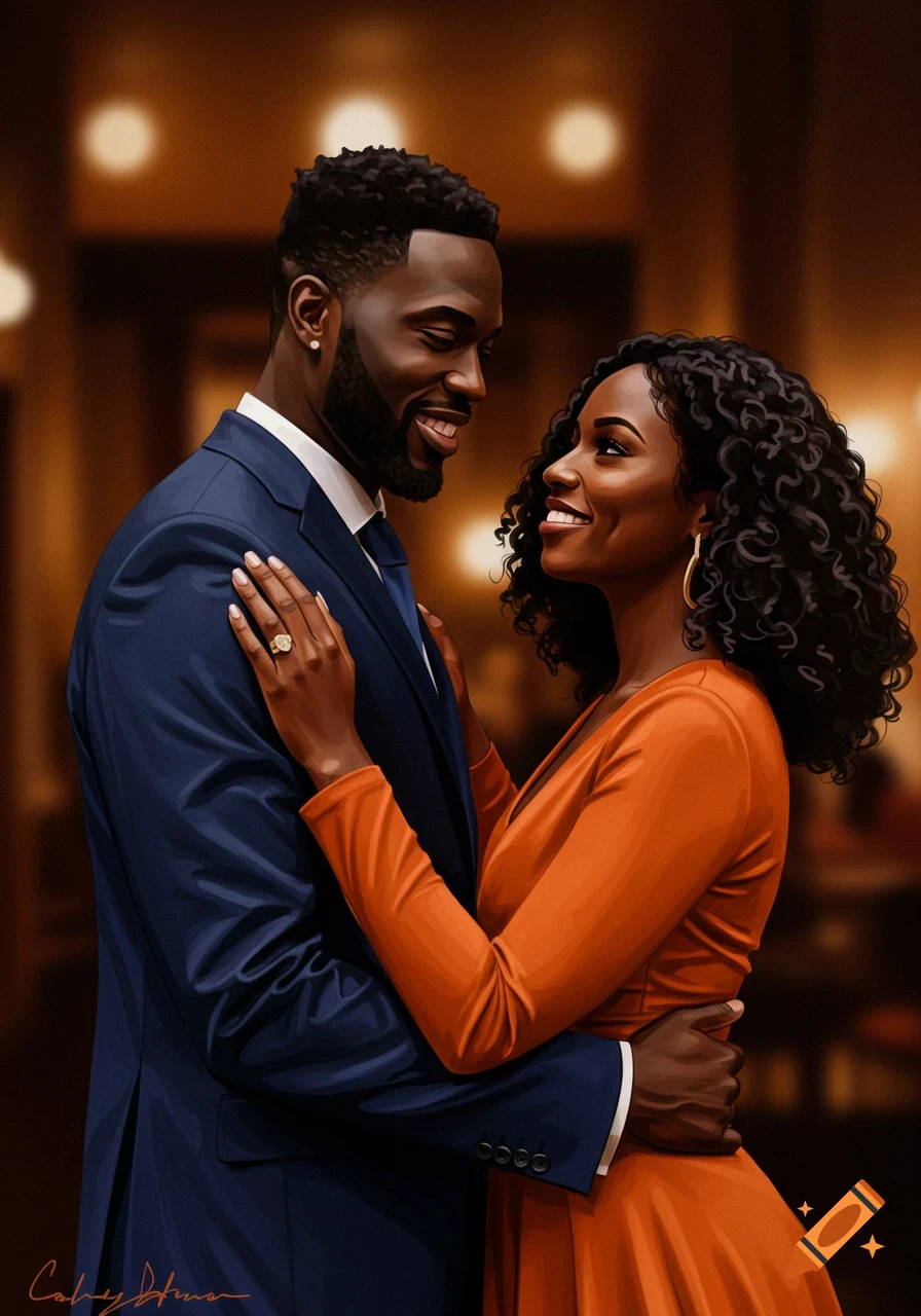 A smiling Black couple embracing