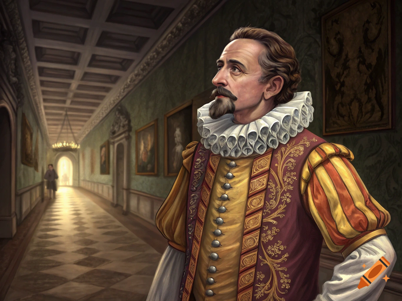 Painting of a man in historical clothing and ruff standing in a long hallway.