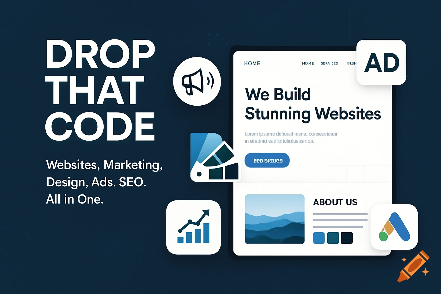 Modern marketing banner with "Drop That Code" text, website mockup, and icons for marketing, design, ads, and SEO.