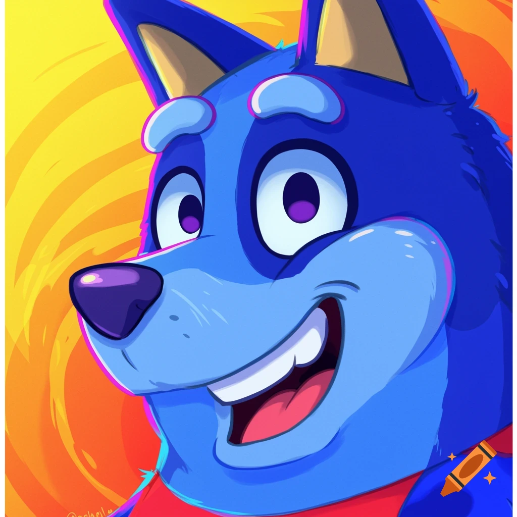 A cartoon blue dog character smiles with large eyes against a vibrant swirling background.