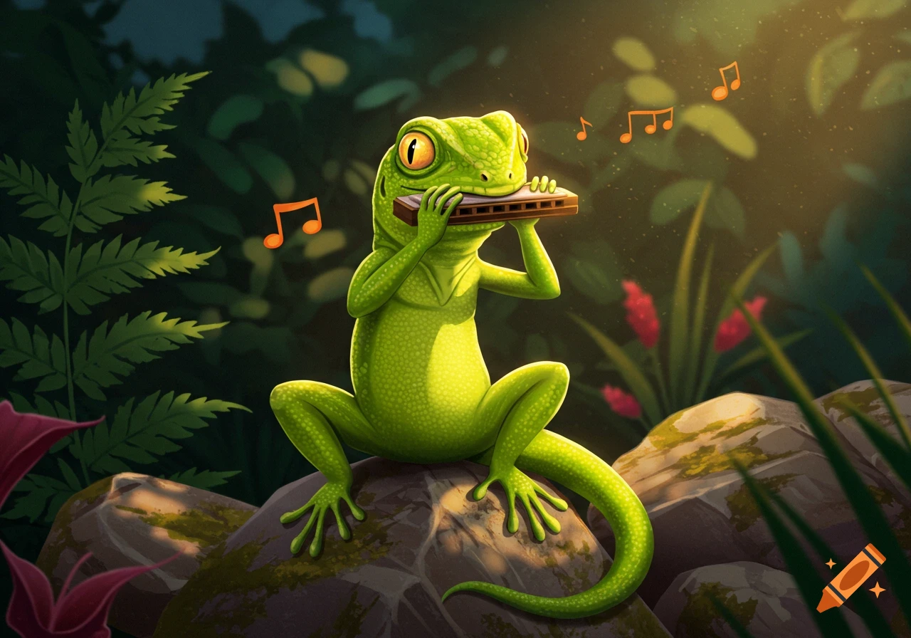 A green lizard sitting on rocks in a forest, playing a harmonica with musical notes floating around.
