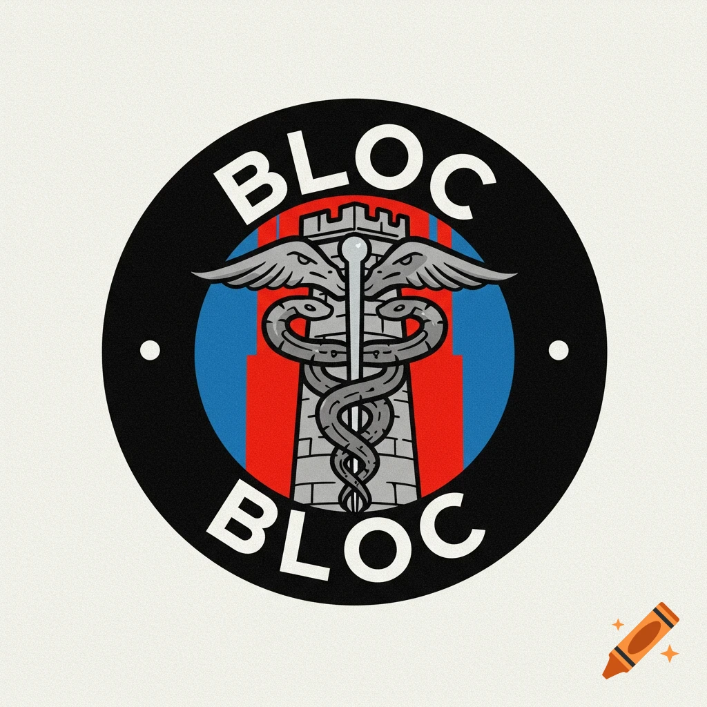 Circular logo for BLOC featuring a caduceus symbol over a tower, in a stencil art style with red, blue, black, and white.