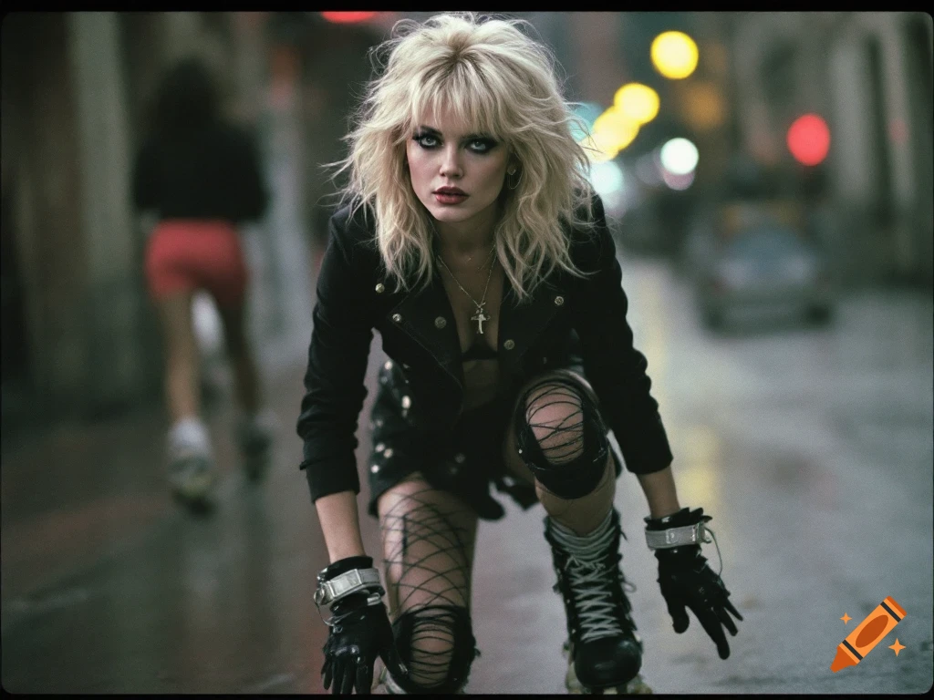 Woman in punk fashion on roller skates kneeling on a wet urban street