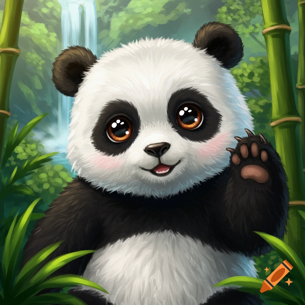 A cute baby panda waves with its paw in a bamboo forest with a waterfall.