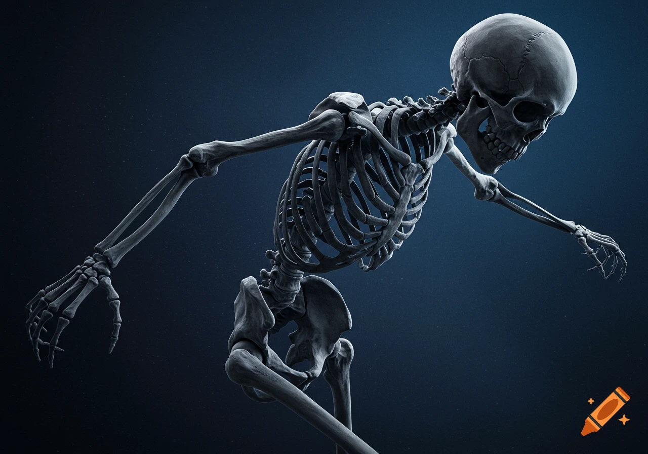 A skeleton in a dynamic pose against a dark background.