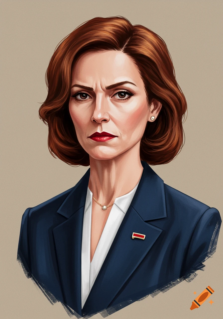 Portrait of a middle-aged woman with brown hair, red lipstick, and a stern expression, wearing a dark suit.