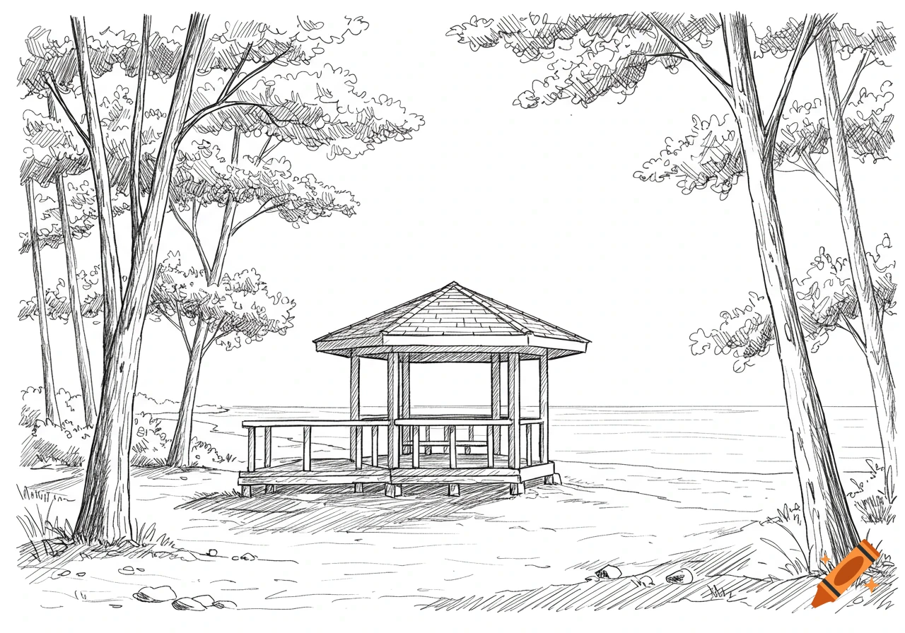 Black and white sketch of a pavilion on a beach with trees.