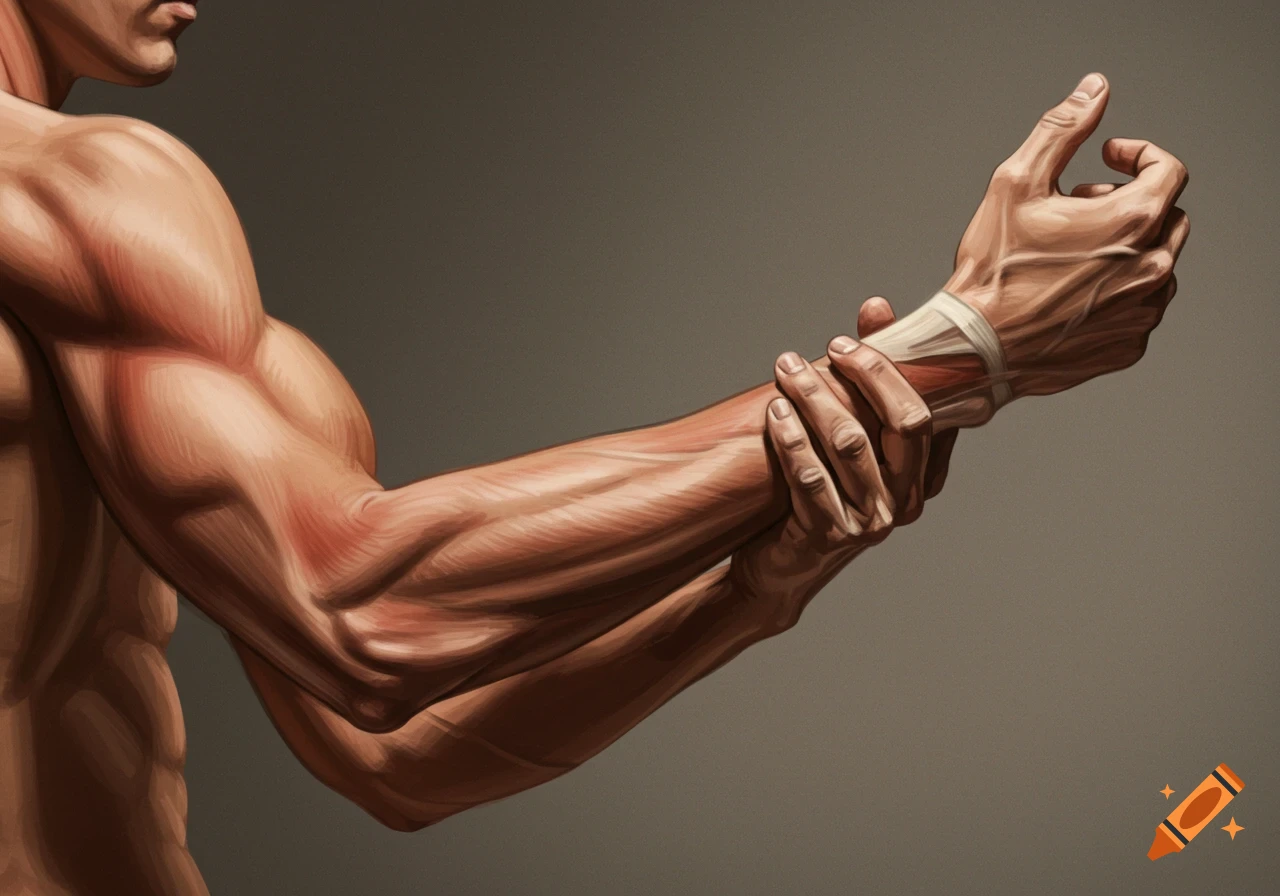 Image of a man's muscular arm grabbing his elbow.