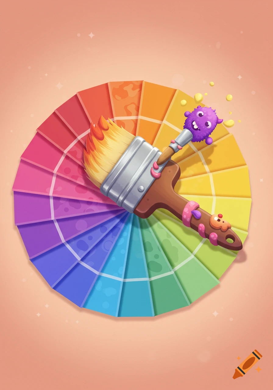A cartoon paintbrush with monsters on a color palette wheel.