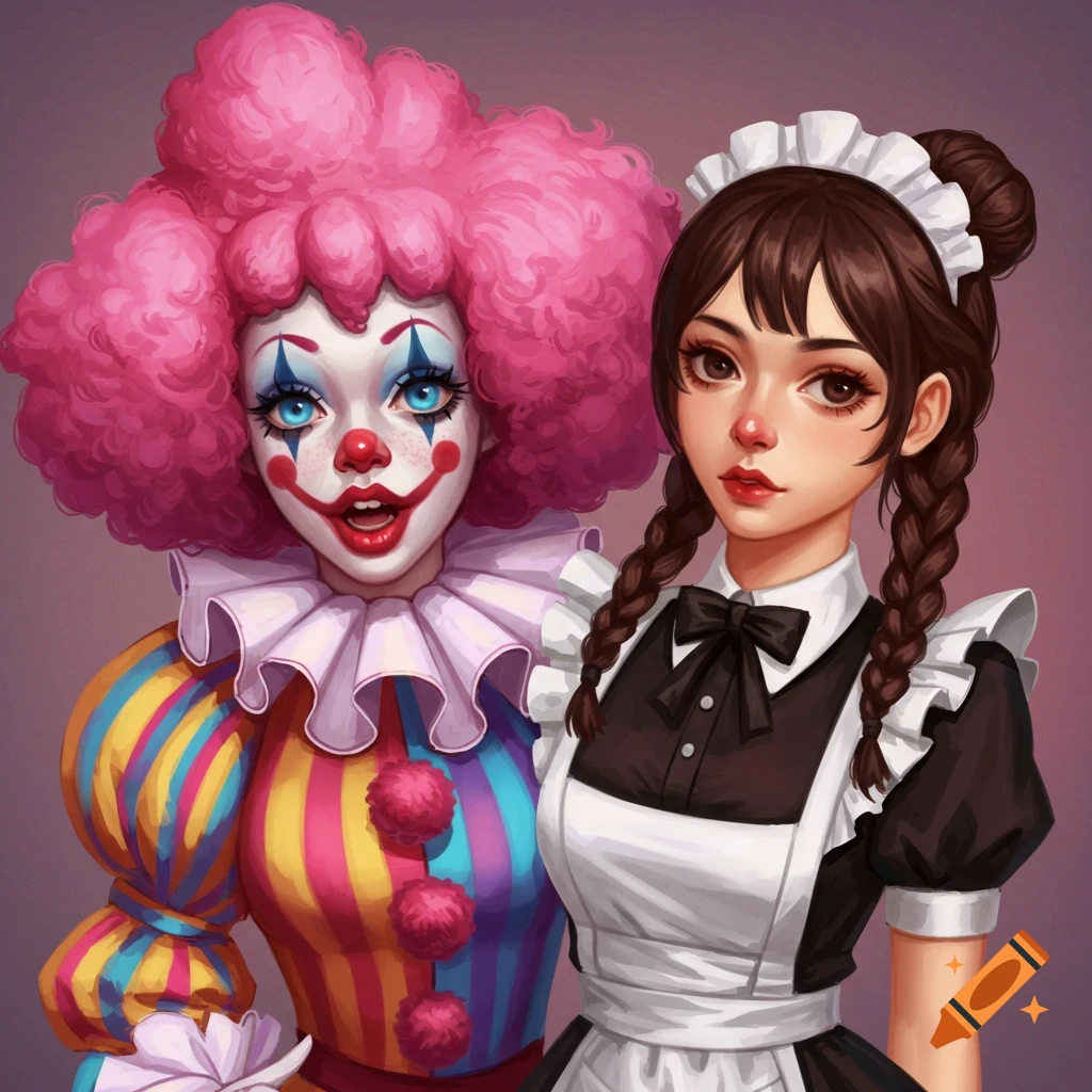 A clown girl with pink hair stands next to a maid girl.