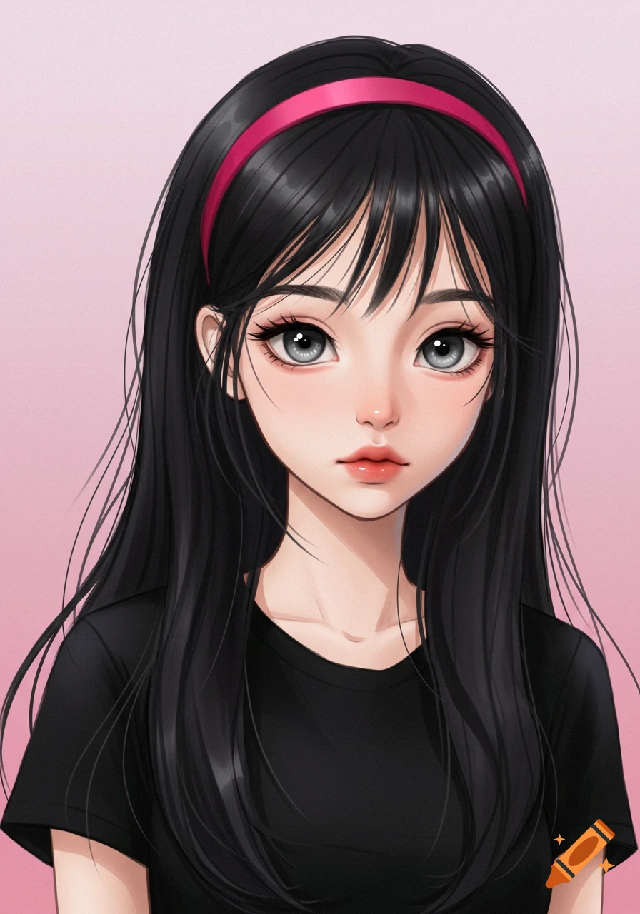 Anime style portrait of a girl with long black hair, grey eyes, and a pink headband