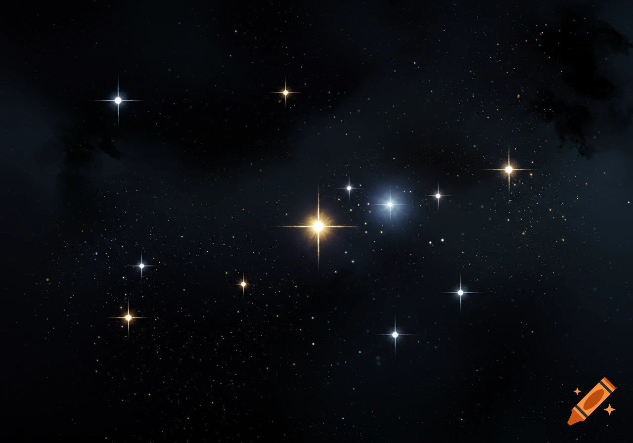 Scattered stars and clouds in a dark space background.