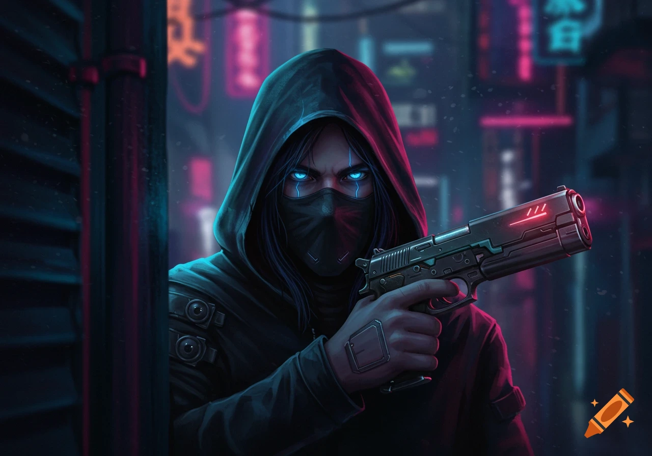 A person in a hood and mask with glowing blue eyes, holding a pistol on a cyberpunk street with neon lights.