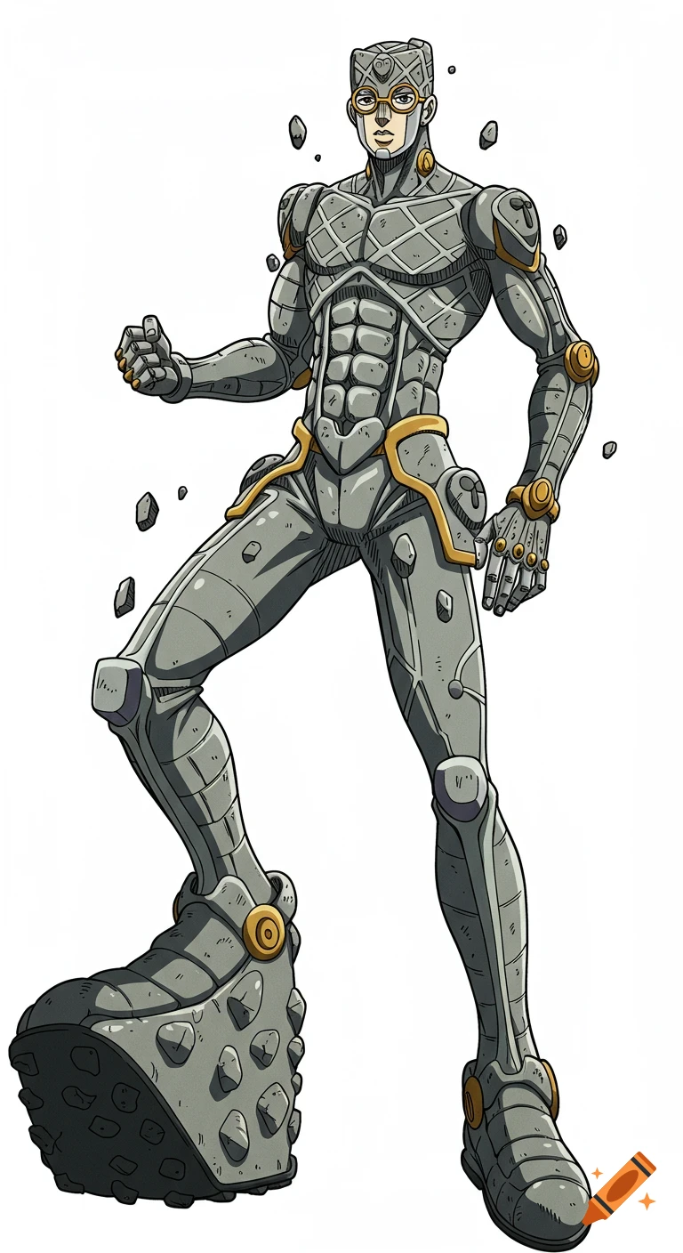Anime character in gray segmented armor with gold accents and large rock-like shoes on a white background.