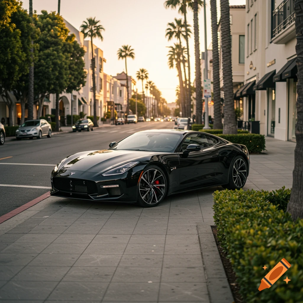 A black sports car is parked on a sidewalk along a sunny street lined with palm trees and buildings in a photorealistic style.