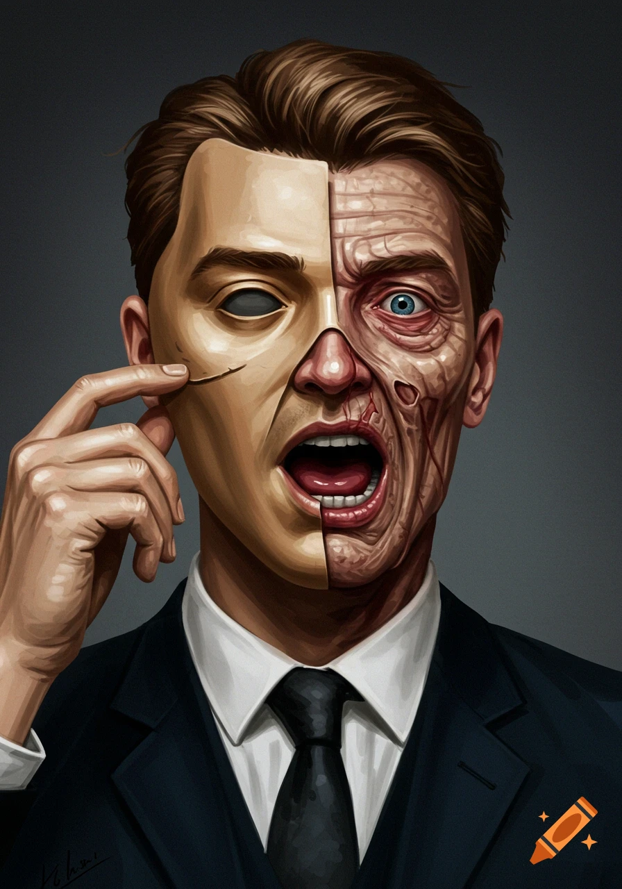 A man removes a mask to reveal a decrepit face.