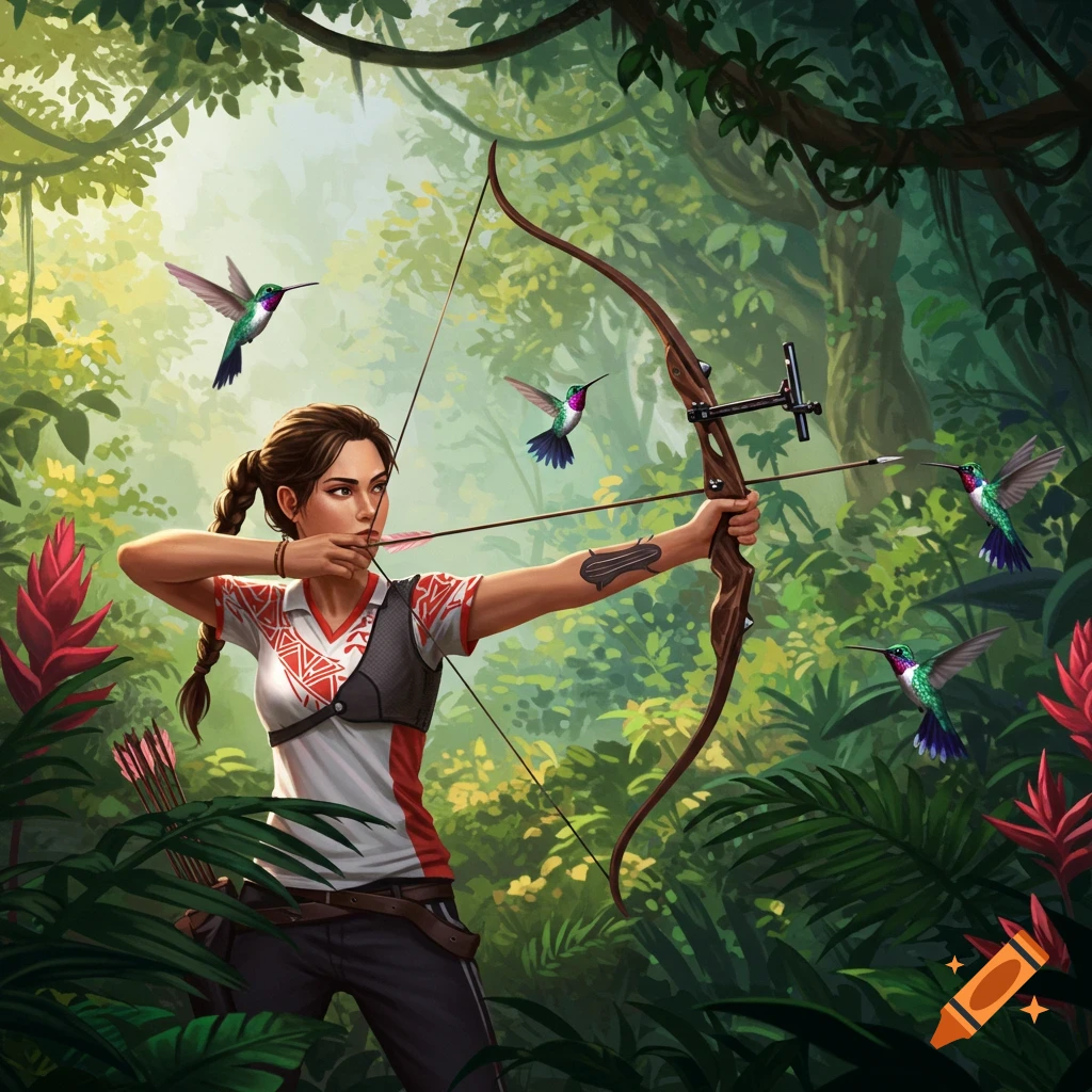 Woman archer aiming a bow and arrow at hummingbirds in a lush jungle.