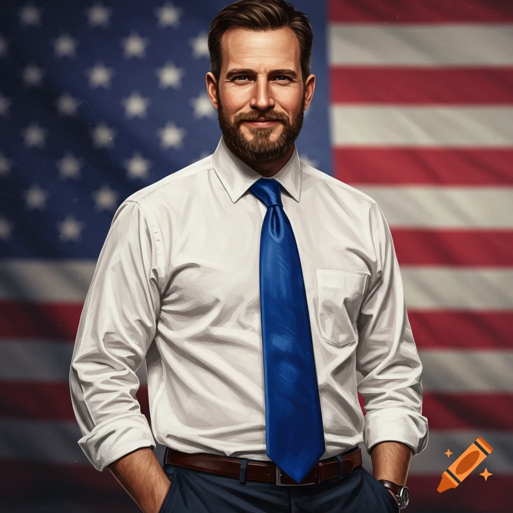 A man in a white shirt and blue tie standing before an American flag.