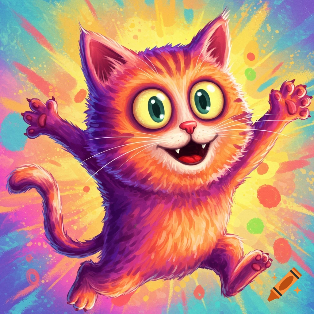 A brightly colored cartoon cat with wide eyes is jumping excitedly against a vibrant, abstract background.