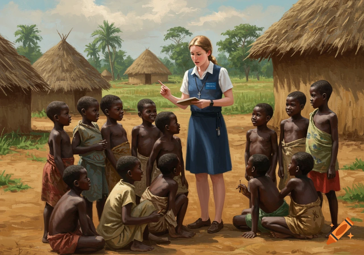 A painted scene of a white missionary woman teaching Black children in an African village.