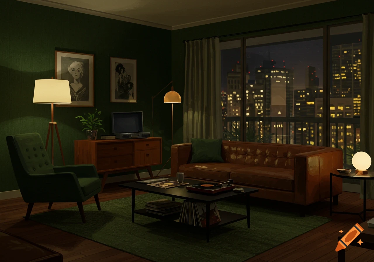A mid-century modern living room with green walls, brown couch, and city lights visible through a large window.