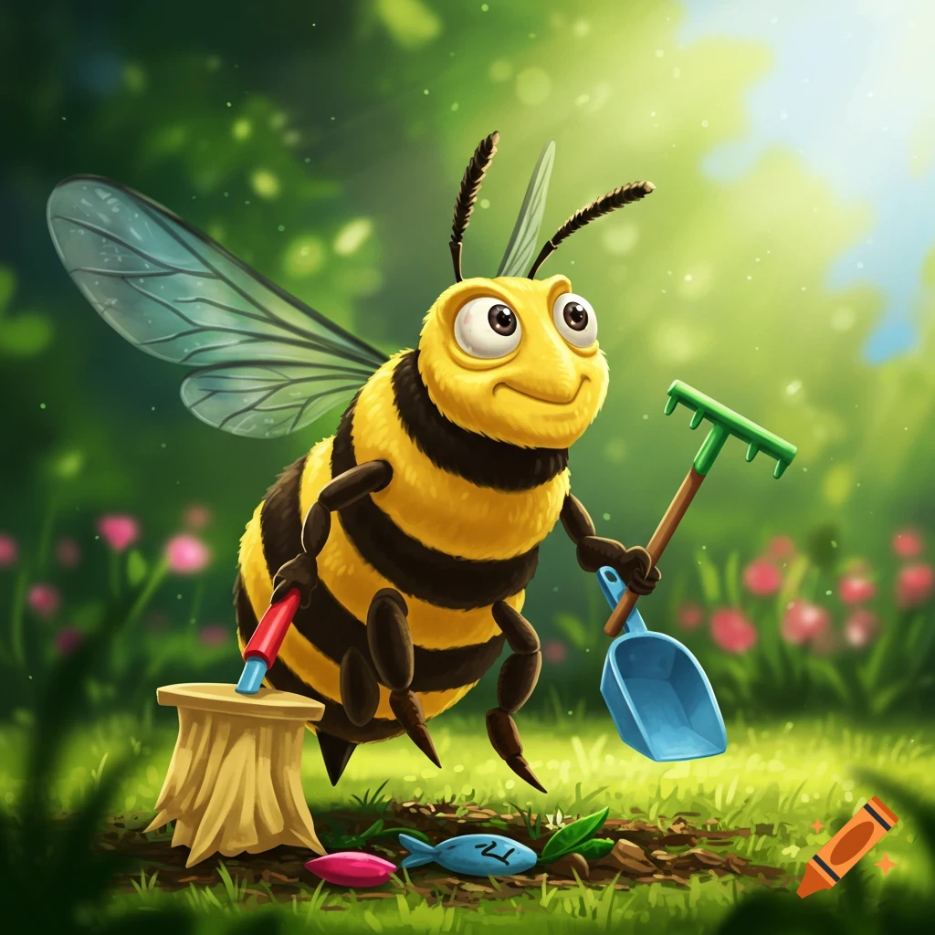 Cartoon bee with gardening tools in a sunny garden