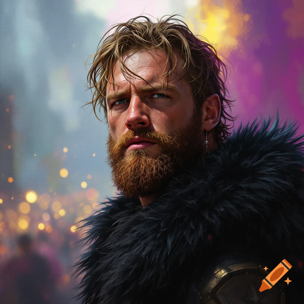 A man with a beard and a dark fur cloak is looking intensely.