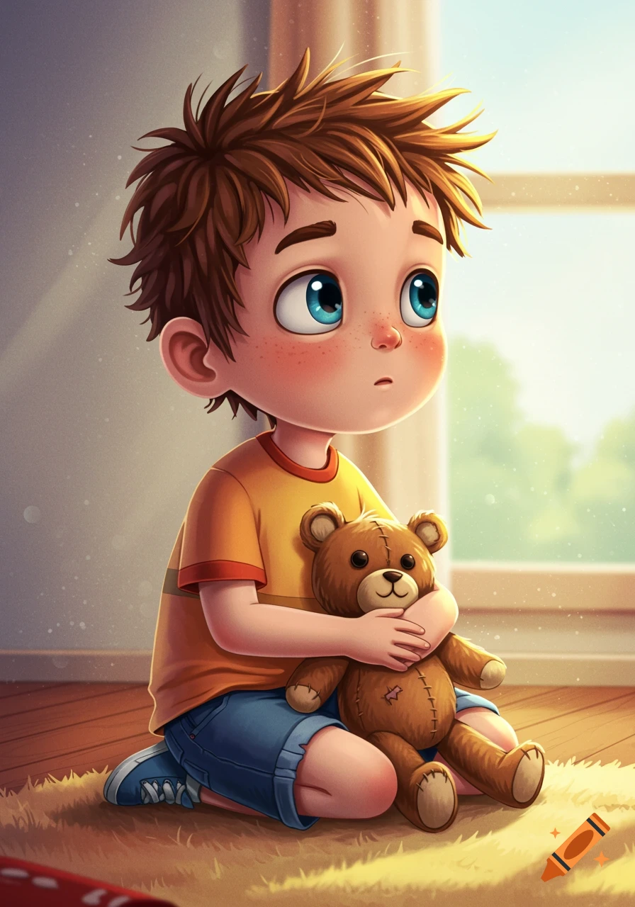 Cartoon illustration of a young boy with a teddy bear sitting by a window