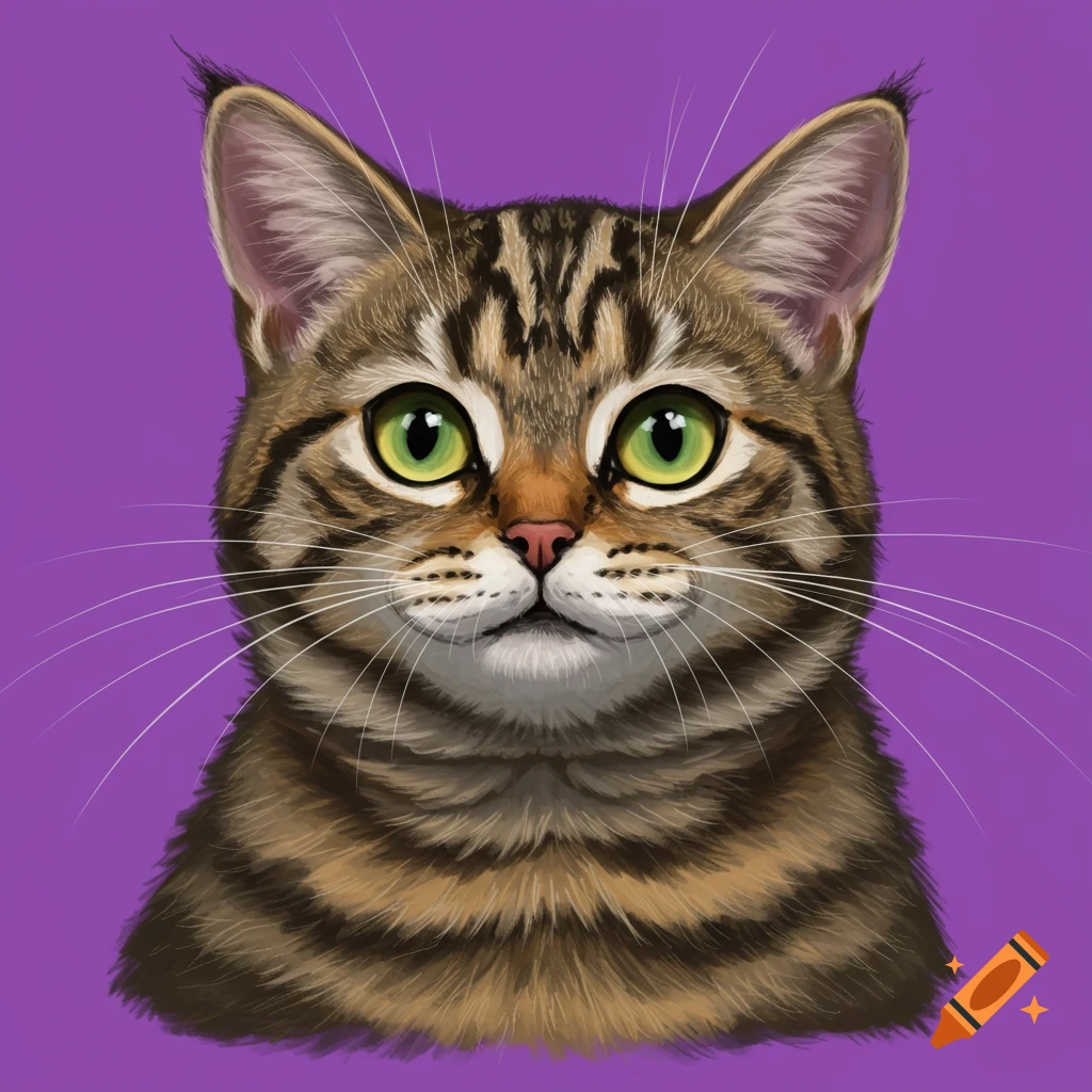 Portrait of a tabby cat with green eyes against a purple background.