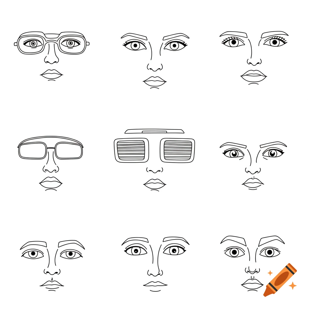 Minimalist black and white line drawings of nine different faces.