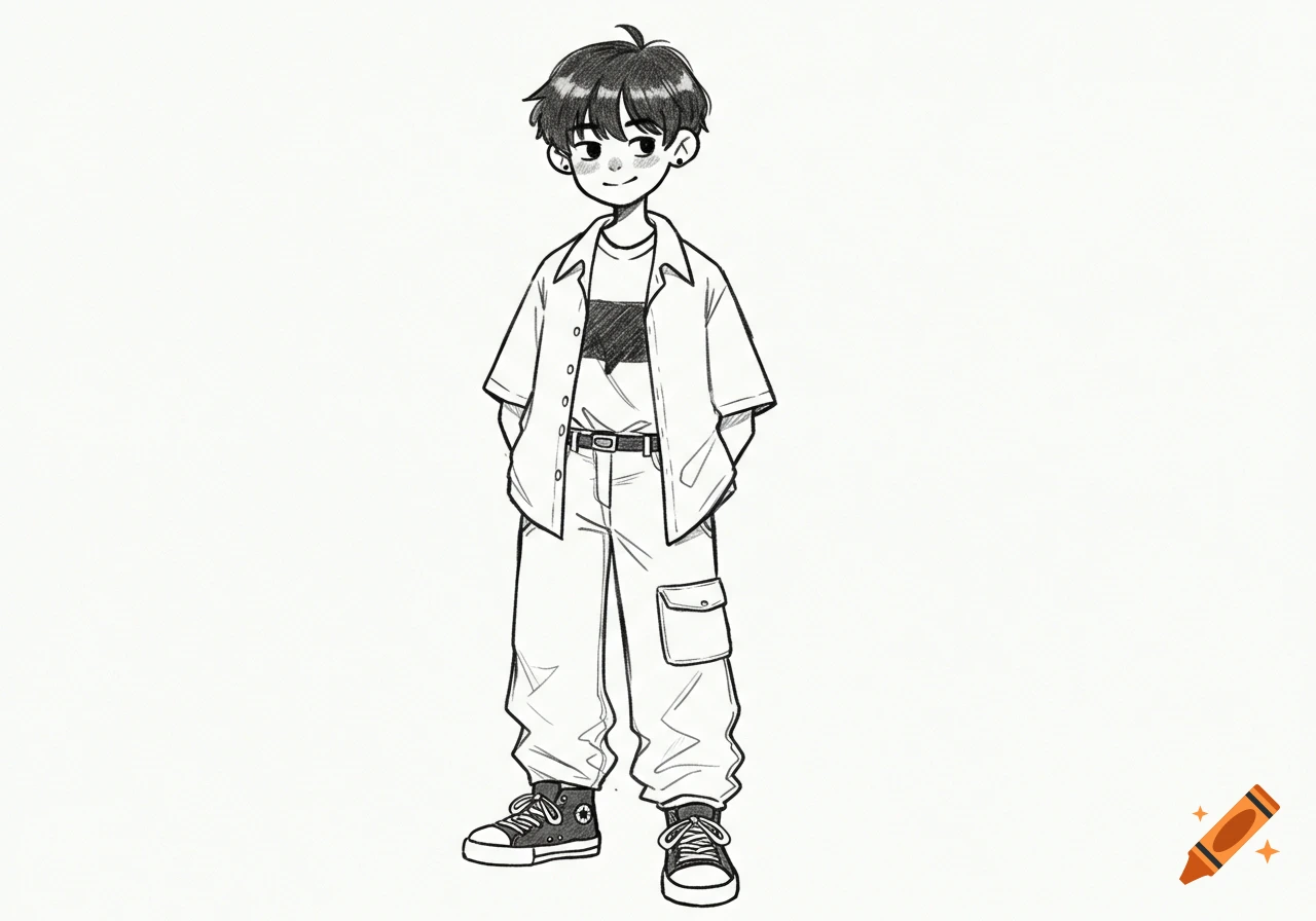Pencil sketch anime cartoon drawing of a boy in an open shirt, t-shirt, baggy jeans, and converse