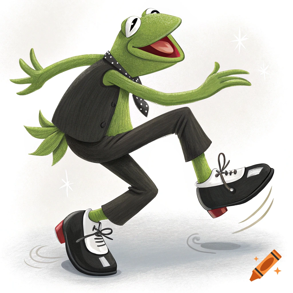 Illustration of Kermit the Frog tap dancing in a vest and tap shoes