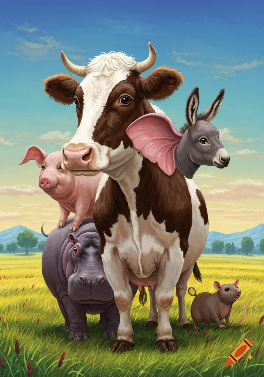 A cow, pig, hippo, donkey, and rat standing in a field.