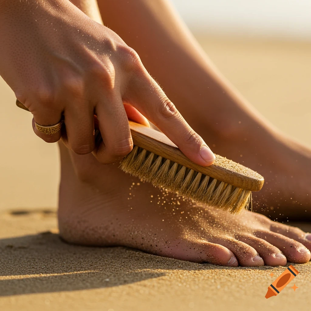 A hand brushes sand off a foot on a beach, close-up.