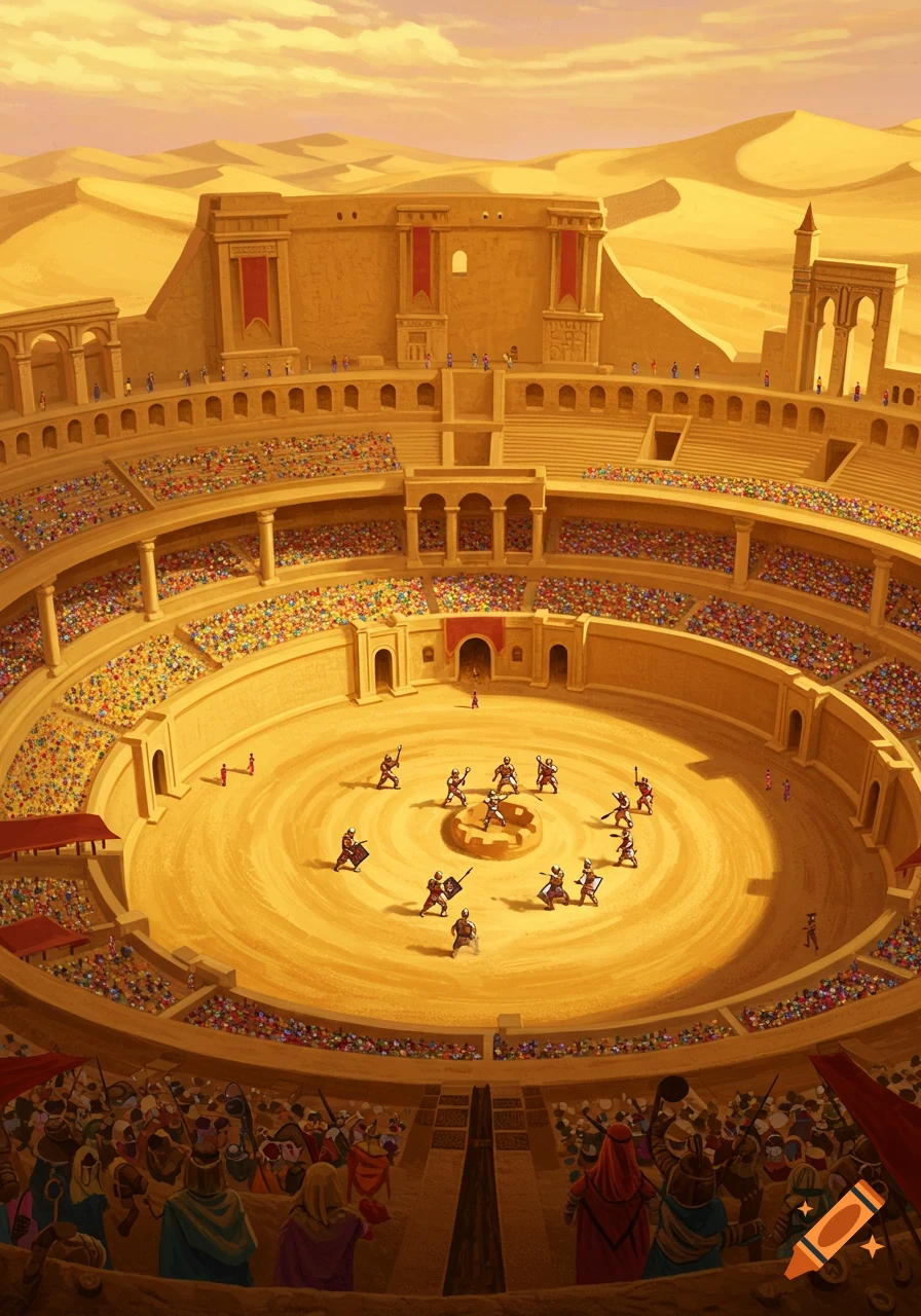 Sandy colosseum with people in the stands and fighters in the arena