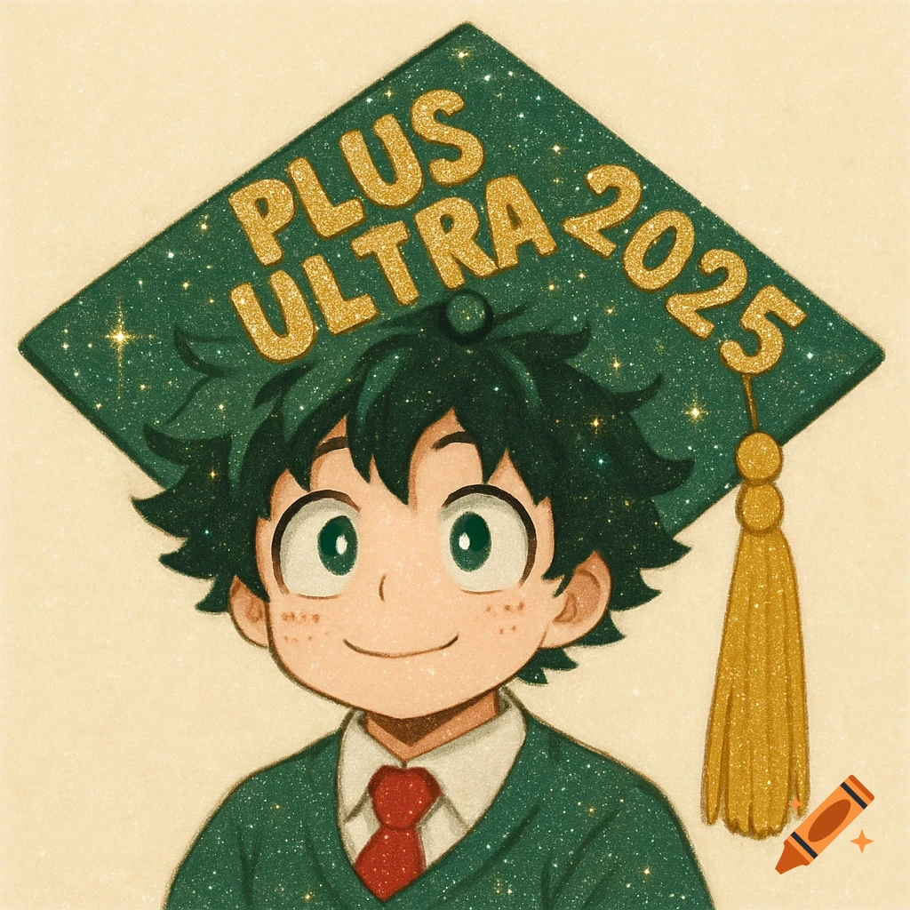 A cute anime boy, Deku from My Hero Academia, smiles wearing a green glittery graduation cap that reads PLUS ULTRA 2025.