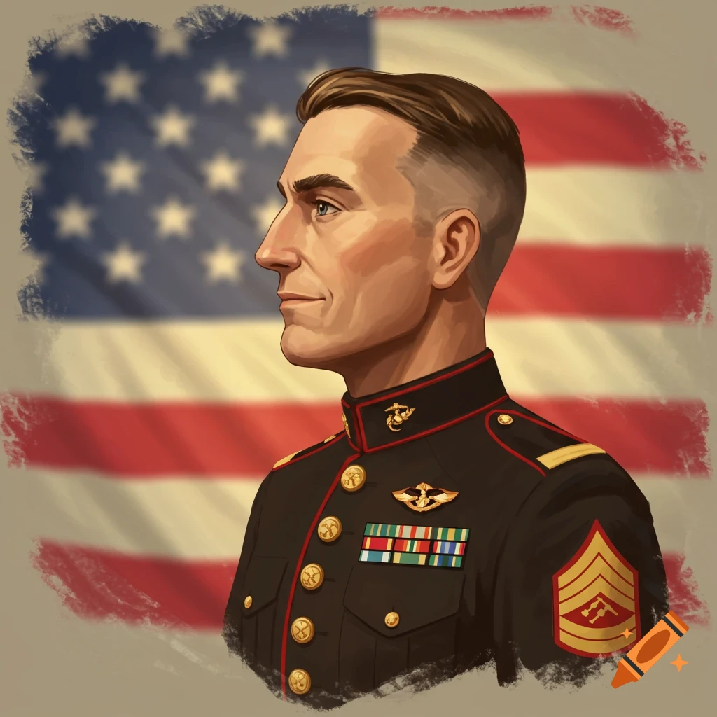 A man in USMC uniform profile against a US flag backdrop.