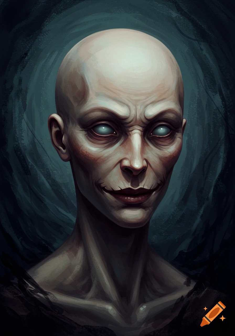 A dark, surreal portrait of a bald, creepy humanoid figure with glowing eyes.