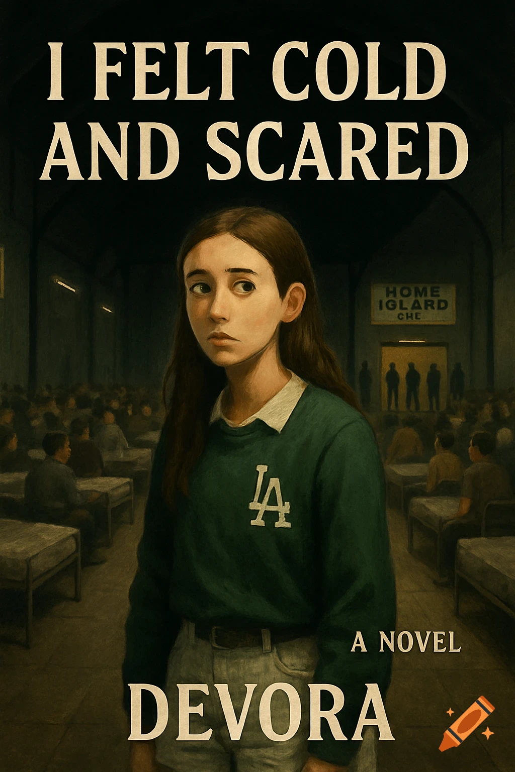 Illustration of a book cover showing a young girl with long hair in a dark, crowded room with beds.