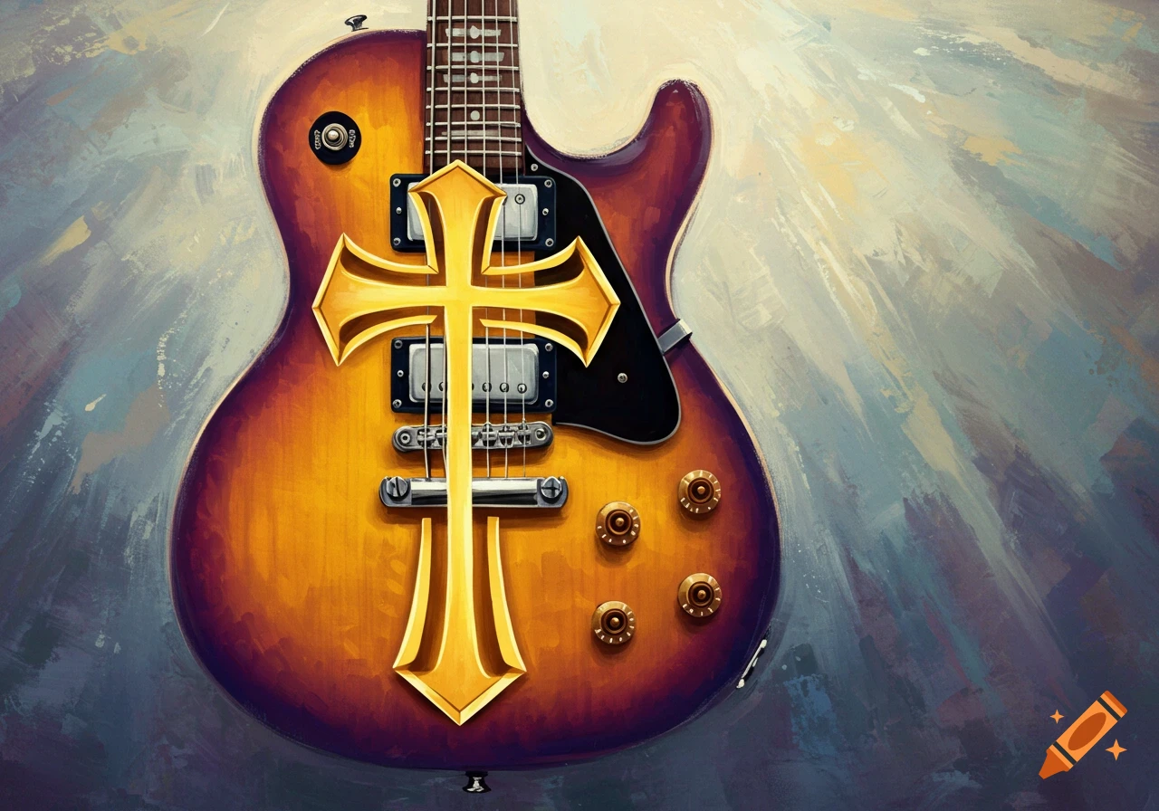 An electric guitar adorned with a golden cross.