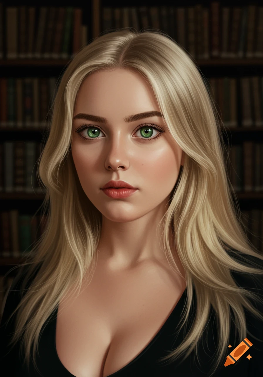 Portrait of a blonde woman with green eyes against a library background.