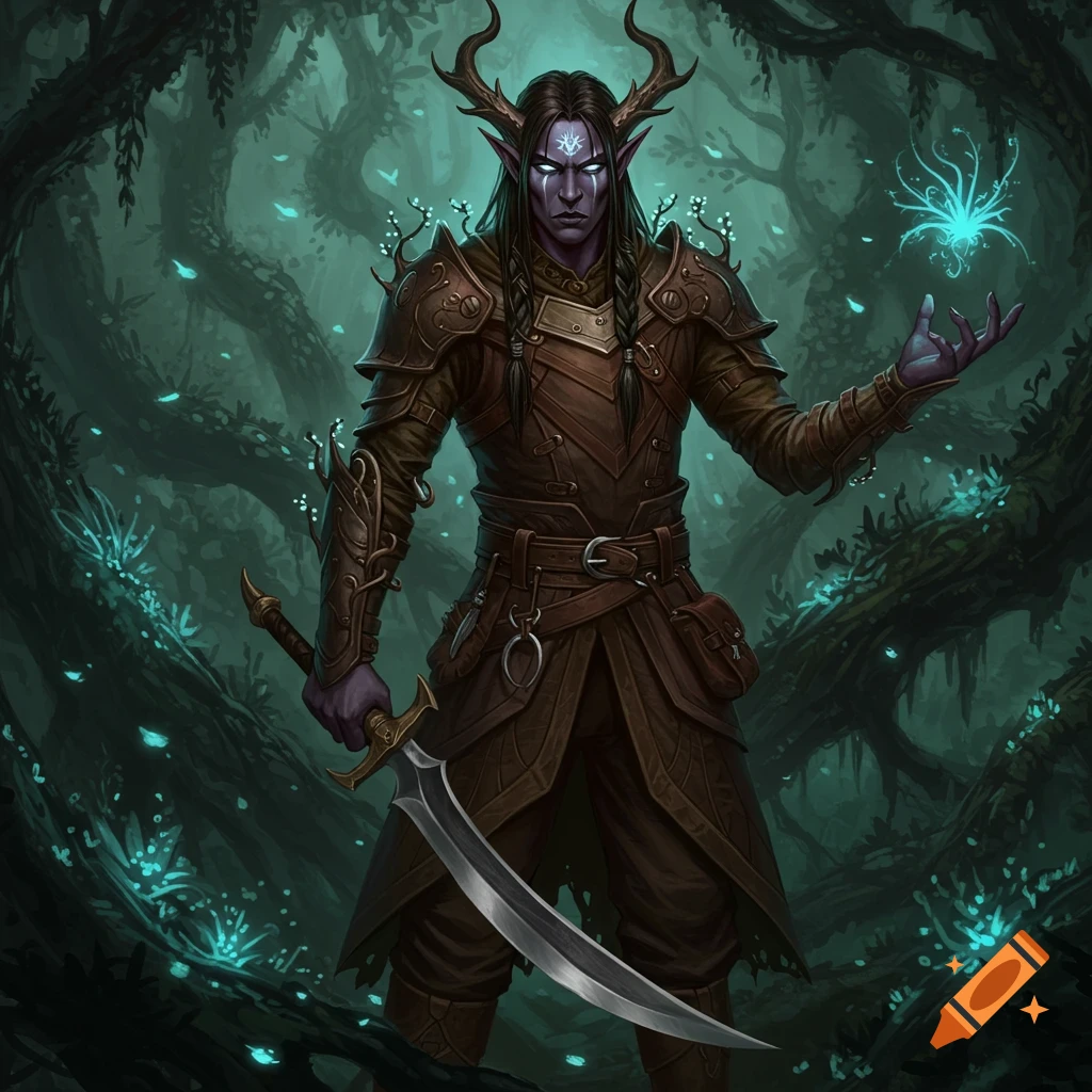 A dark elf druid with horns and a sword holds a glowing light in a dark forest.