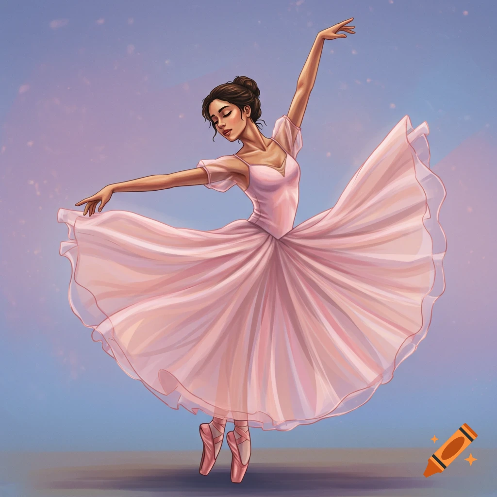 A ballerina in a pink dress is dancing en pointe.