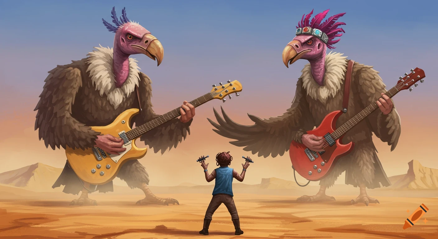 Two giant anthropomorphic vultures playing electric guitars in a desert before a small person.