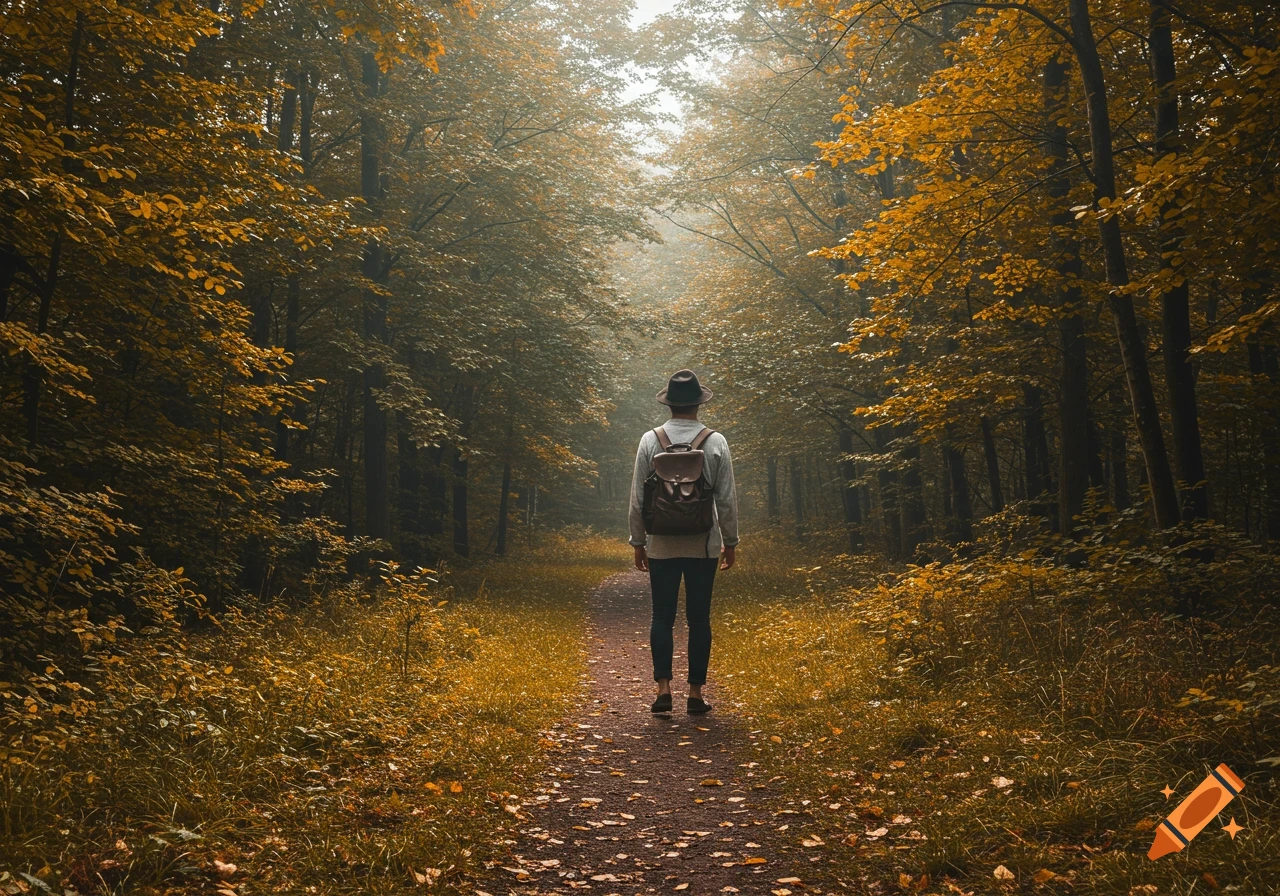 Person walks on path in autumn forest