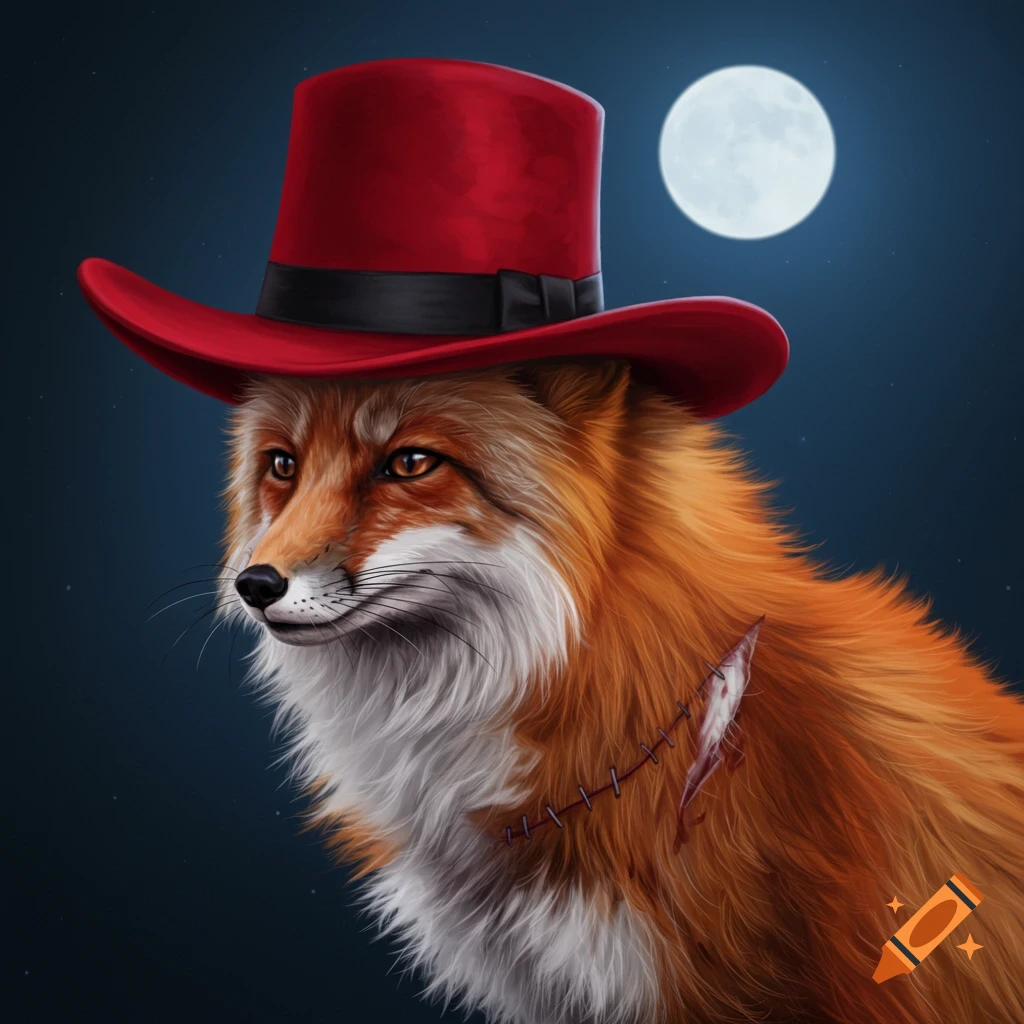 A fox in a red top hat with a stitched wound under a full moon.