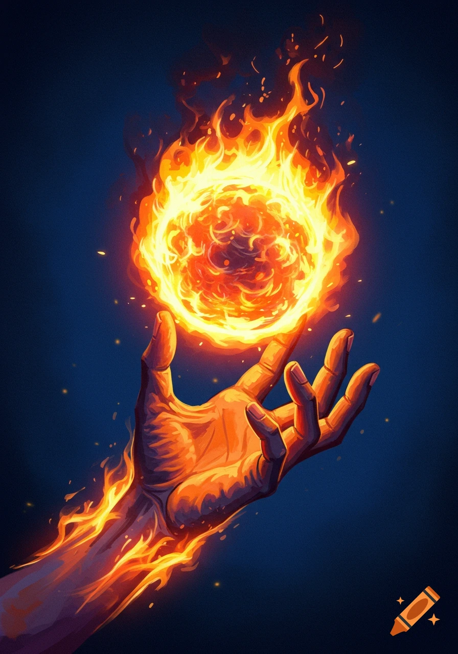 A hand holding a bright orange fireball against a dark background.