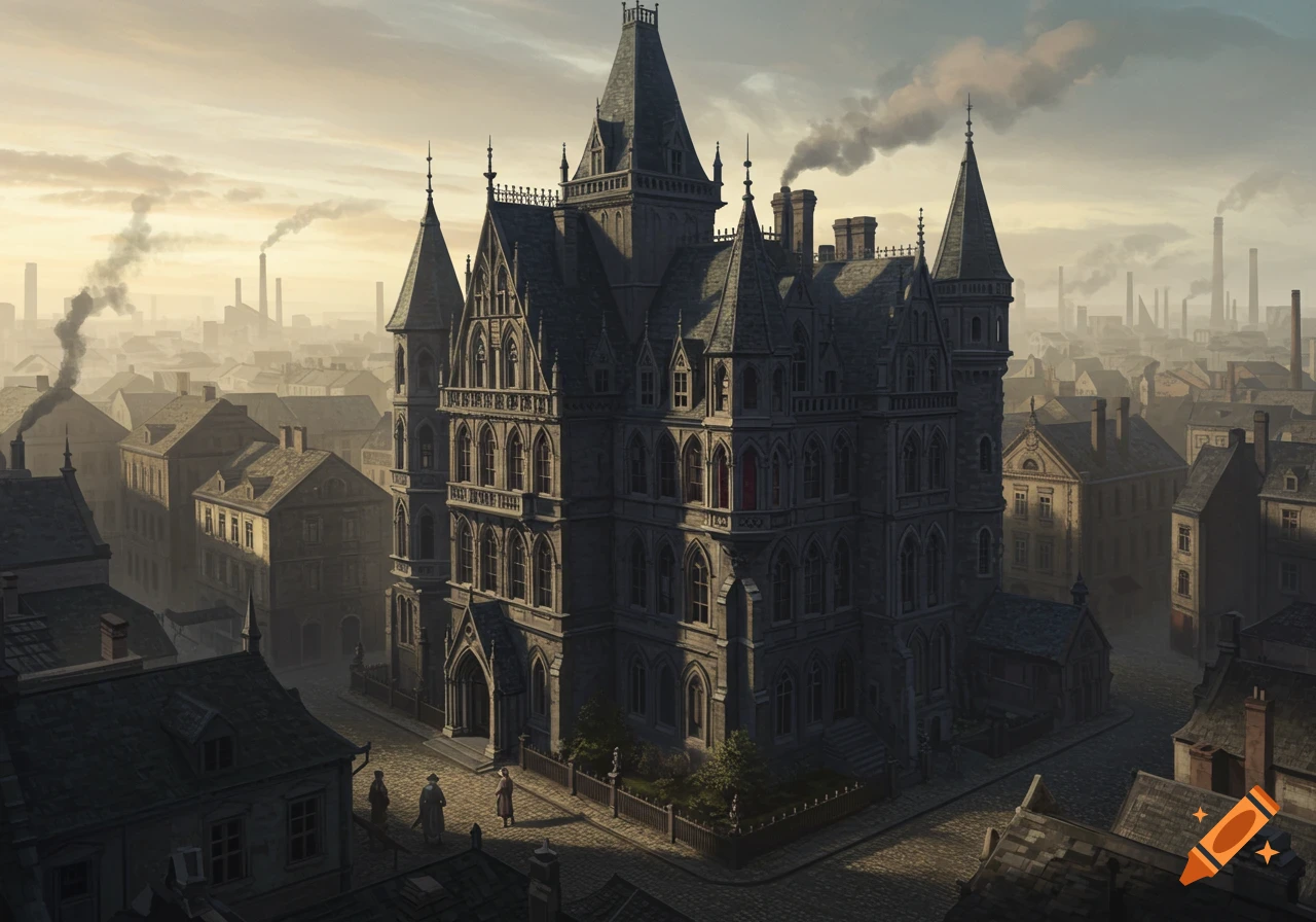 A gothic mansion in an 1800s industrial city.