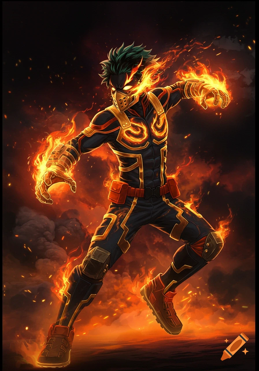 A character resembling Deku in a black and gold fire-themed costume is surrounded by flames.