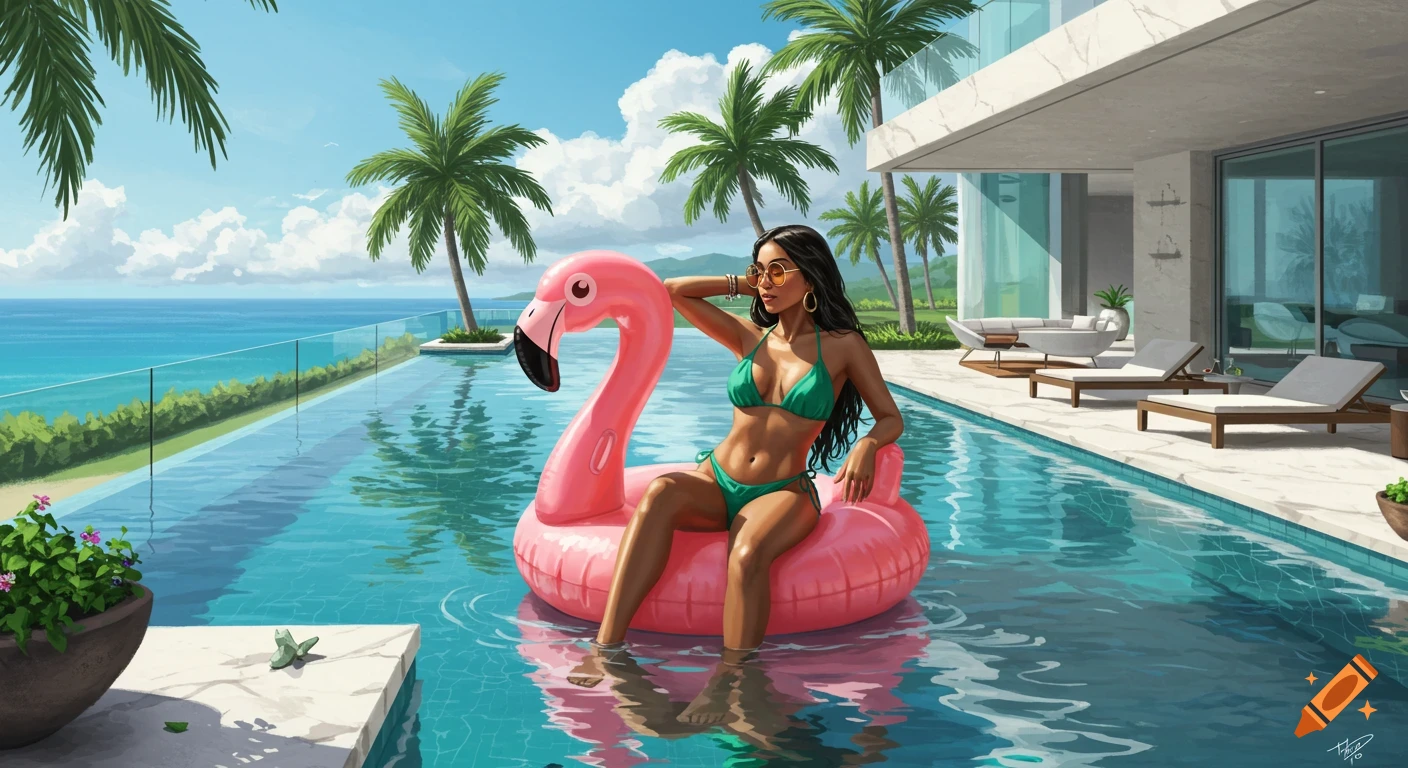 A woman on a pink flamingo float in a luxurious mansion pool overlooking the ocean.